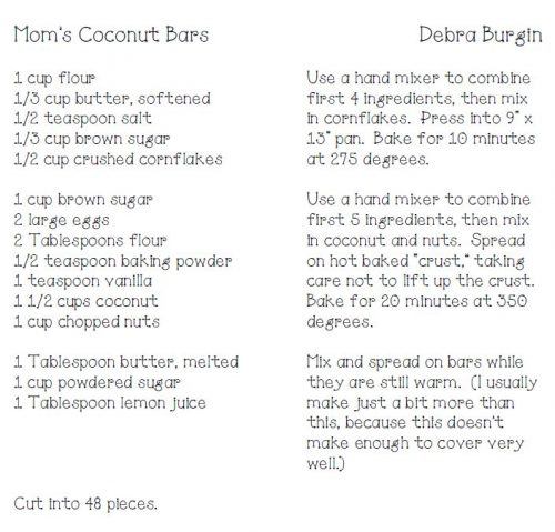 Debra Burgin Mom's Coconut Bars