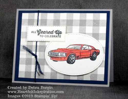 Geared Up Garage | Perfect for the guys, this card's Mustang is my version.  Nothing like a red carpaired with Buffalo Check and a bit of twine.  Please click to read more! | Stampin' Up! | HeartfeltInkspiration.com | Debra Burgin