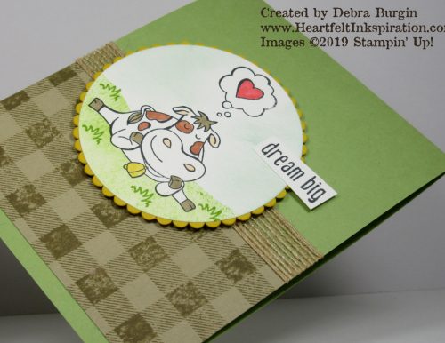 Over the Moon | Buffalo Check | I did have my hubby, who grew up on a farm, approve my coloring of this cow.  Close enough for a cartoon image, I guess!  Please click to read more! | Stampin' Up! | HeartfeltInkspiration.com | Debra Burgin