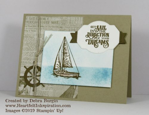 Sailing Home | This card used a mask for the horizon and several pieces to mask the boat.  Please click to read more! | Stampin' Up! | HeartfeltInkspiration.com | Debra Burgin