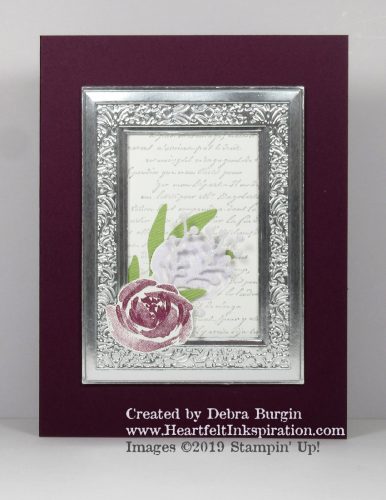 Beautiful Friendship | Very Versailles | Frames made with metallic foil paper and this stunning die/embossing folder due are perfect for special occasions.  This card went to a good friend for her November birthday. | Please click to read more! | Stampin' Up! | HeartfeltInkspiration.com | Debra Burgin