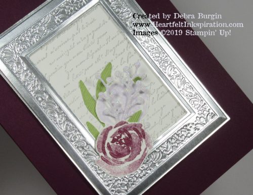 Beautiful Friendship | Very Versailles | Frames made with metallic foil paper and this stunning die/embossing folder due are perfect for special occasions.  This card went to a good friend for her November birthday. | Please click to read more! | Stampin' Up! | HeartfeltInkspiration.com | Debra Burgin