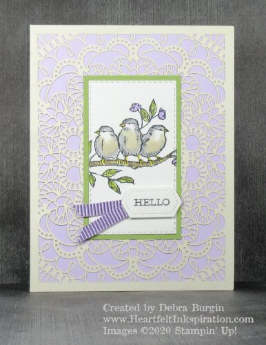 Free as a Bird | A trio of birds on a stitched rectangle is perfect on this laser-cut card, part of my Greeting Cards & Tin class.  Please click to read more! | Stampin' Up! | HeartfeltInkspiration.com | Debra Burgin