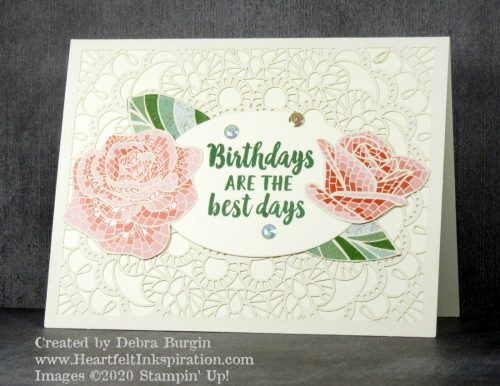 Beautiful Friendship | Laser-Cut Cards & Tin | Thick and embossed with shiny printing, this Mosaic Mood Specialty Designer Series Paper is wonderful!  Please click to read more! | Stampin' Up! | HeartfeltInkspiration.com | Debra Burgin