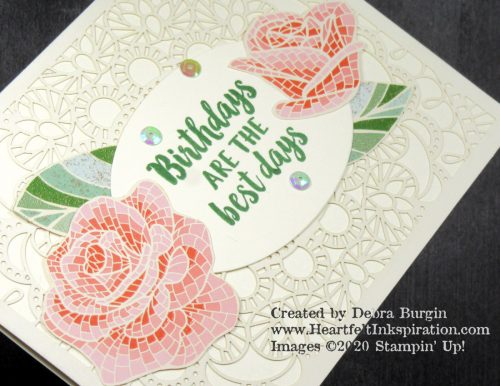 Beautiful Friendship | Laser-Cut Cards & Tin | Thick and embossed with shiny printing, this Mosaic Mood Specialty Designer Series Paper is wonderful!  Please click to read more! | Stampin' Up! | HeartfeltInkspiration.com | Debra Burgin