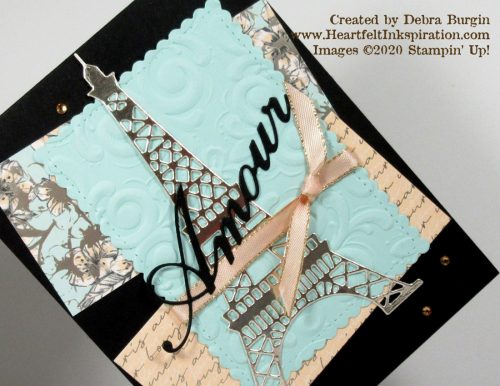 Parisian Dies | The Parisian Beauty bundle from the January-June 2020 Mini Catalog are just wonderful.  On this card, there is no stamping except inside | Please click to read more! | Stampin' Up! | HeartfeltInkspiration.com | Debra Burgin 