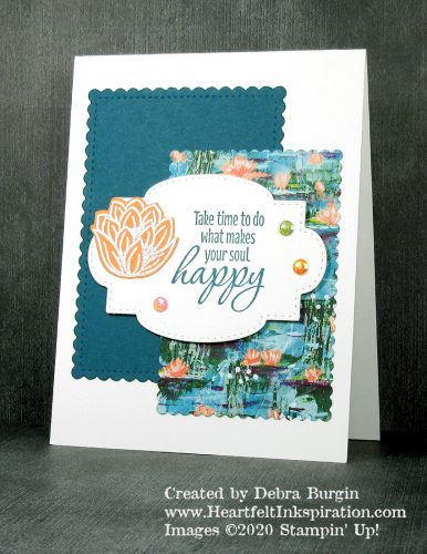 Lovely Lily Pad | Tasteful Textures | The Monet-inspired Lily Impressions Designer Series Paper patterns are beautiful, but I think they're a bit overwhelming in large doses.  A smaller panel of pattern on this card is just right, I think.  Please click to read more! | Stampin' Up! | HeartfeltInkspiration.com | Debra Burgin