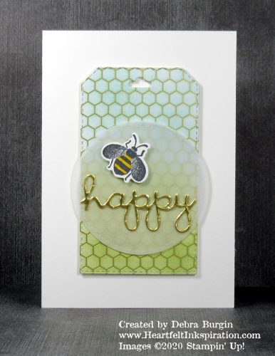 Honey Bee |  Tinting a tag cut from the Sale-A-Bration paper Golden Honey is a perfect base for this pun.  This note card is sent to customers earning a free stamp set through my Burgin Bucks program.  Please click to read more! | Stampin' Up! | HeartfeltInkspiration.com | Debra Burgin