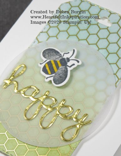 Honey Bee |  Tinting a tag cut from the Sale-A-Bration paper Golden Honey is a perfect base for this pun.  This note card is sent to customers earning a free stamp set through my Burgin Bucks program.  Please click to read more! | Stampin' Up! | HeartfeltInkspiration.com | Debra Burgin