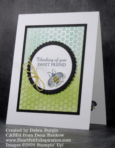 Honey Bee | CASEd from Dena Renkow, the sponging on this Golden Honey DSP is the perfect touch for this sweet bee.  Please click to read more! | Stampin' Up! | HeartfeltInkspiration.com | Debra Burgin