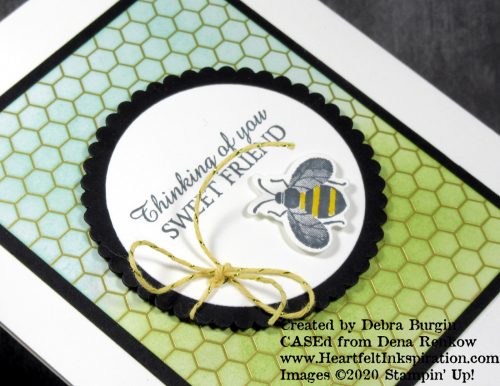 Honey Bee | CASEd from Dena Renkow, the sponging on this Golden Honey DSP is the perfect touch for this sweet bee.  Please click to read more! | Stampin' Up! | HeartfeltInkspiration.com | Debra Burgin