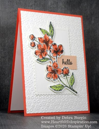 Forever Blossoms | I love the contrast between the playful embossed background and the stitched and scalloped panel.  This is a design element worth repeating!  Please click to read more! | Stampin' Up! | HeartfeltInkspiration.com | Debra Burgin