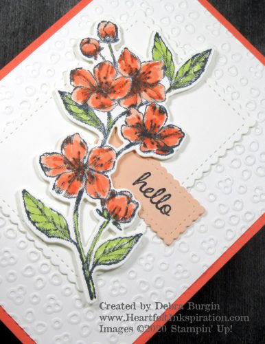 Forever Blossoms | I love the contrast between the playful embossed background and the stitched and scalloped panel.  This is a design element worth repeating!  Please click to read more! | Stampin' Up! | HeartfeltInkspiration.com | Debra Burgin