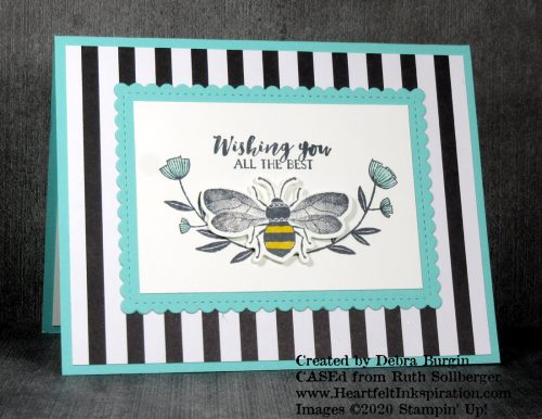 Honey Bee | This card was CASEd from Ruth Sollberger.  It has two details I can't resist:  black and white stripes, and a bee.  Please click to read more! | Stampin' Up! | HeartfeltInkspiration.com | Debra Burgin