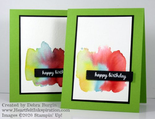 Watercolor swash done with Stampin' Up! ink refills.  Just three colors produced this riot of birthday wishes!  Please click to read more! | Stampin' Up! | HeartfeltInkspiration.com | Debra Burgin