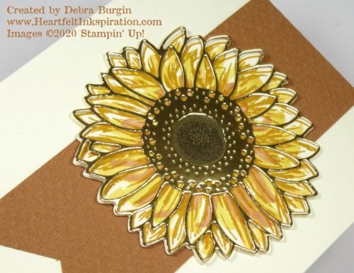 Celebrate Sunflowers | As if the big sunflower image in this set wasn't wonderful enough, this detailed die cut from Brass Foil is amazing!  Please click to read more! | Stampin' Up! | HeartfeltInkspiration.com | Debra Burgin