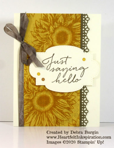 Celebrate Sunflowers | Tasteful Touches | Not quite tone-on-tone, but the effect is there!  Please click to read more! | Stampin' Up! | HeartfeltInkspiration.com | Debra Burgin