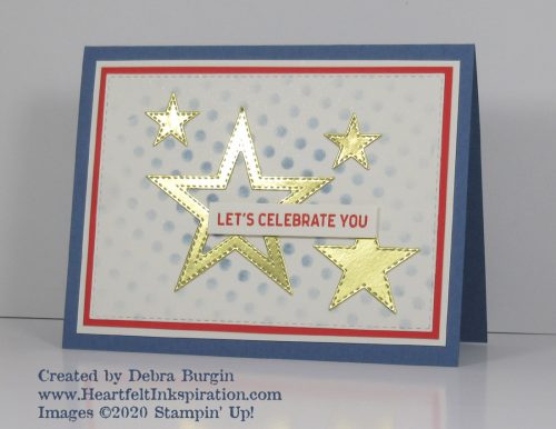 Stitched Stars | Itty Bitty Birthdays | Red, white, blue ... and gold to celebrate a big accomplishment!  Please click to read more! | Stampin' Up! | HeartfeltInkspiration.com | Debra Burgin