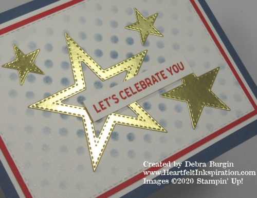 Stitched Stars | Itty Bitty Birthdays | Red, white, blue ... and gold to celebrate a big accomplishment!  Please click to read more! | Stampin' Up! | HeartfeltInkspiration.com | Debra Burgin