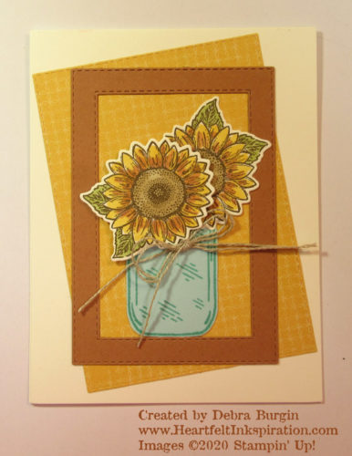 Jar of Flowers | Celebrate Sunflowers | Stamps from the Flowers for Every Season Suite combine in happy effect on this late summer card.  Please click to read more! | Stampin' Up! | HeartfeltInkspiration.com | Debra Burgin