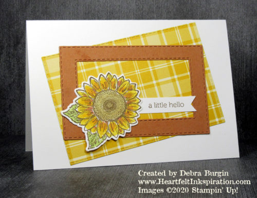 Celebrate Sunflowers | Itty Bitty Greetings | I call this the "angled frame" layout, but of course the frame is not the angled element!  Please click to read more! | Stampin' Up! | HeartfeltInkspiration.com | Debra Burgin