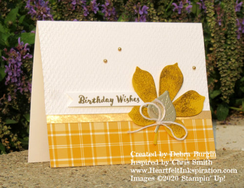 Love of Leaves | Stitched Leaves | The smudges on the leaf are the result of sponging VersaMark ink and heat embossing it with gold powder.  Please click to read more! | Stampin' Up! | HeartfeltInkspiration.com | Debra Burgin