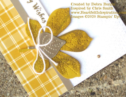 Love of Leaves | Stitched Leaves | The smudges on the leaf are the result of sponging VersaMark ink and heat embossing it with gold powder.  Please click to read more! | Stampin' Up! | HeartfeltInkspiration.com | Debra Burgin