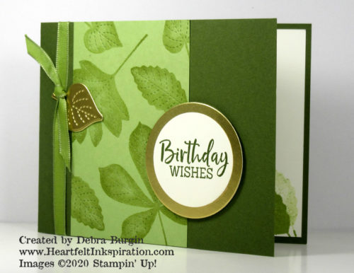 Love of Leaves | Stitched Leaves | Using the stitching directly on a cardstock panel stamped with leaves is so pretty and easy!  The little gold leaf is not part of the knotted ribbon, just tucked underneath.  Please click to read more! | Stampin' Up! | HeartfeltInkspiration.com | Debra Burgin