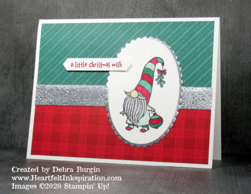 Gnome for the Holidays | I love images that can be colored in lots of variations; starting with 'Til the Season paper made my choices easy!  Please click to read more! | Stampin' Up! | HeartfeltInkspiration.com | Debra Burgin