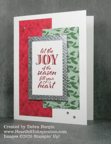 Wrapped in Christmas | Embossing Silver Foil paper adds a lot of glam to this card, and is a great substitute for glimmer paper.  Please click to read more! | Stampin' Up! | HeartfeltInkspiration.com | Debra Burgin