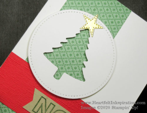 Wrapped In Christmas | Pine Tree | The peek-a-boo window on this card is perfect to create this patterned Christmas tree!  Please click to read more! | Stampin' Up! | HeartfeltInkspiration.com | Debra Burgin