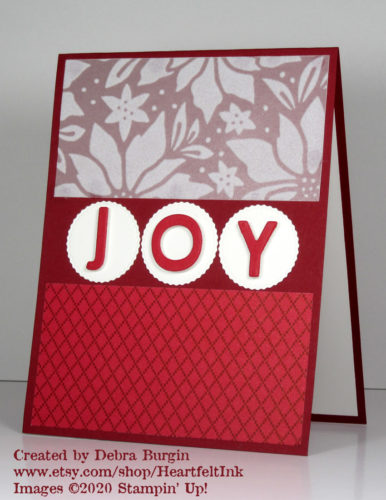No stamping on this card, just the beautiful Plush Poinsettia Specialty Paper and those Playful Alphabet die cuts.  Please click to read more! | Stampin' Up! | HeartfeltInkspiration.com | Debra Burgin