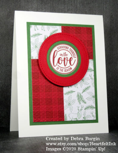 Wrapped In Christmas | Got scraps?  Not a problem with this pieced layout.  The hardest part may be narrowing down your choices of patterns!  Please click to read more! | Stampin' Up! | HeartfeltInkspiration.com | Debra Burgin
