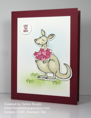 Kangaroo & Company | The Kangaroo die that cuts the outline here has a slit so that a variety of items can be put into the pouch!  So clever!  Please click to read more! | Stampin' Up! | HeartfeltInkspiration.com | Debra Burgin