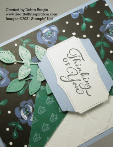 Happy Thoughts | Flower & Field DSP | A slit cut from the right side of this patterned paper is turned back to reveal an embossed panel.  Please click to read more! | Stampin' Up! | HeartfeltInkspiration.com | Debra Burgin