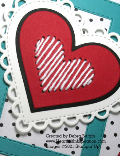Many Hearts | Lots of Heart | Stitching this pierced heart is genius, and just the right touch for this lighthearted card for my husband!  Please click to read more! | Stampin' Up! | HeartfeltInkspiration.com | Debra Burgin
