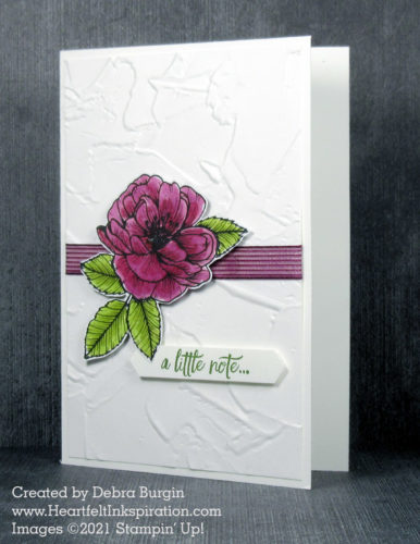 Enjoy the Moment | True Love | Coloring and cutting out the exuberant flowers in the True Love Designer Series Paper pack makes for a stunning note card.  Please click to read more! | Stampin' Up! | HeartfeltInkspiration.com | Debra Burgin