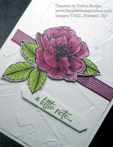 Enjoy the Moment | True Love | Coloring and cutting out the exuberant flowers in the True Love Designer Series Paper pack makes for a stunning note card.  Please click to read more! | Stampin' Up! | HeartfeltInkspiration.com | Debra Burgin