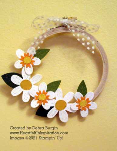 Pierced Blooms | This floral wreath is fun to put together -- after quite a bit of die cutting, that is!  It's hanging on my bathroom wall for this picture, but it has a seasonal home on the knob of a cabinet in my craft area.  Please click to read more! | Stampin' Up! | HeartfeltInkspiration.com | Debra Burgin