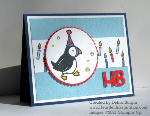 Party Puffins | How cute is this guy (and his friends in this set)?  So fun and lighthearted, it makes a great birthday card for guys or kids.  Please click to read more! | Stampin' Up! | HeartfeltInkspiration.com | Debra Burgin