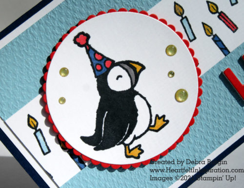 Party Puffins | How cute is this guy (and his friends in this set)?  So fun and lighthearted, it makes a great birthday card for guys or kids.  Please click to read more! | Stampin' Up! | HeartfeltInkspiration.com | Debra Burgin