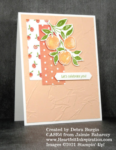 Sweet as a Peach | This card, CASEd from Jamie Babarczy, should make your mouth water!  From the peach-sherbet panel to the bits of You’re a Peach DSP -- yum!  Please click to read more! | Stampin' Up! | HeartfeltInkspiration.com | Debra Burgin