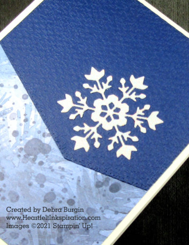 No stamping on the front of this card, just an eye-catching angle and pretty, sparkly snowflake.  Please click to read more! | Stampin' Up! | HeartfeltInkspiration.com | Debra Burgin