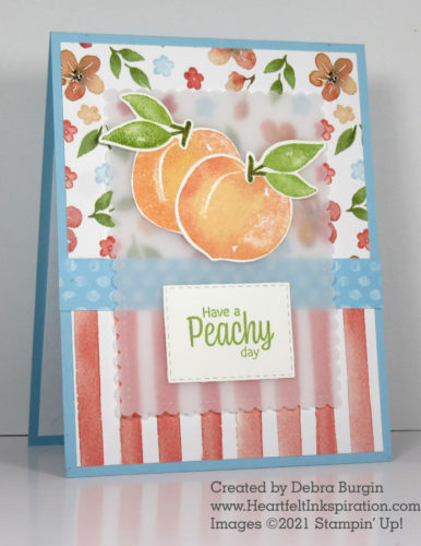 Sweet As a Peach | I wouldn't have expected to love Balmy Blue with the peaches and oranges in this card.  Please click to read more! | Stampin' Up! | HeartfeltInkspiration.com | Debra Burgin