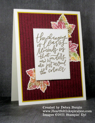 Knit Together | Gorgeous Leaves | Beauty of Tomorrow | The Baby Wipe Technique created these beautiful autumn leaves -- simple to do and stunning!  Please click to read more! | Stampin' Up! | HeartfeltInkspiration.com | Debra Burgin