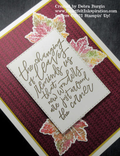 Knit Together | Gorgeous Leaves | Beauty of Tomorrow | The Baby Wipe Technique created these beautiful autumn leaves -- simple to do and stunning!  Please click to read more! | Stampin' Up! | HeartfeltInkspiration.com | Debra Burgin