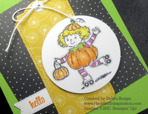 Seasons of Fun | A little blondie dressed as a pumpkin ... rollerskating?  Come on!  I couldn't resist her!  Please click to read more! | Stampin' Up! | HeartfeltInkspiration.com | Debra Burgin