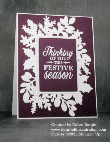 Merriest Wishes | This die cut is stunning against Blackberry Bliss -- or any color, really!  Please click to read more! | Stampin' Up! | HeartfeltInkspiration.com | Debra Burgin