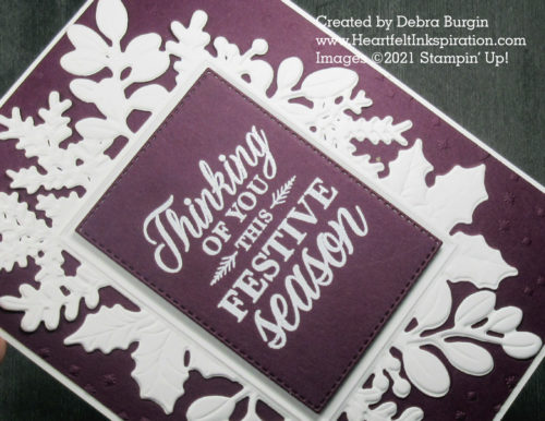 Merriest Wishes | This die cut is stunning against Blackberry Bliss -- or any color, really!  Please click to read more! | Stampin' Up! | HeartfeltInkspiration.com | Debra Burgin