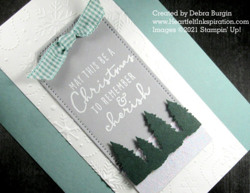 Christmas to Remember | I wanted to create a serene, wintery scene on this tag, and used colors that helped.  Please click to read more! | Stampin' Up! | HeartfeltInkspiration.com | Debra Burgin